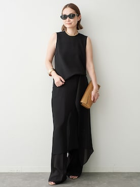 「Deuxieme Classe（ドゥーズィエムクラス）のトリアセジョーゼット タックパンツ（スラックス、ブラック系）」を使った、MIZUさん（レディース・162cm）の夏コーディネート