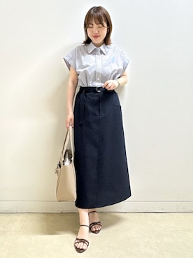 「Reflect（リフレクト）の【接触冷感】フレンチスリーブシャツブラウス（シャツ/ブラウス、ブルー系）」を使った、reoさん（レディース）の夏コーディネート