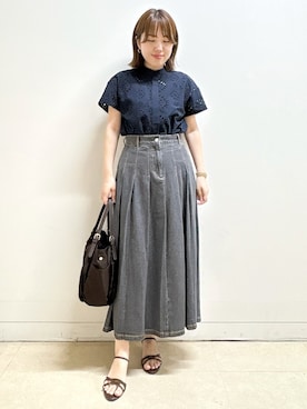 「Reflect（リフレクト）の【通勤◎】カットワーク刺繍レース シャツブラウス（シャツ/ブラウス、ブルー系）」を使った、reoさん（レディース）の秋コーディネート