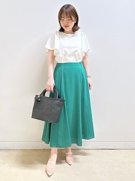 「Reflect（リフレクト）の【UVカット／接触冷感／吸水速乾】フレアスリーブトップス（Tシャツ/カットソー、ホワイト系）」を使った、reoさん（レディース）の春コーディネート