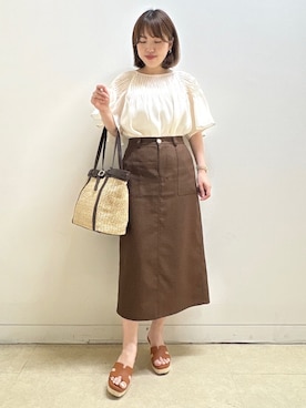 「Reflect（リフレクト）のピンタックデザインフレアスリーブブラウス（シャツ/ブラウス、ホワイト系）」を使った、reoさん（レディース）の夏コーディネート