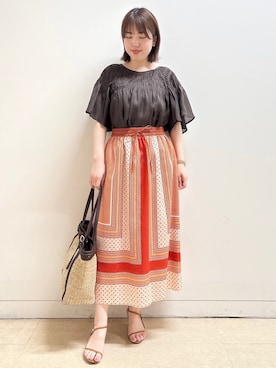 「Reflect（リフレクト）のピンタックデザインフレアスリーブブラウス（シャツ/ブラウス、ブラウン系）」を使った、reoさん（レディース）の夏コーディネート