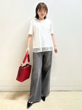 「Reflect（リフレクト）の【UVカット／接触冷感／手洗い可】ラッセルレースプルオーバー（Tシャツ/カットソー、ホワイト系）」を使った、reoさん（レディース）の秋コーディネート