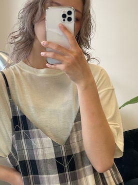 「MONO-MART（モノマート）の【クールスマートウォッシュ】フローティ シアー 半袖 Tシャツ (接触冷感・毛玉防止・イージーケア)（Tシャツ/カットソー、イエロー系）」を使った、naaaaakoo3さん（レディース・161cm）の春コーディネート