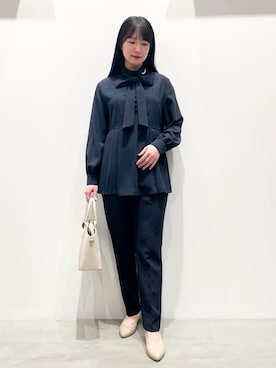 「grove（グローブ）の【マシンウォッシュ/防シワ/UVカット】裾プリーツ取り外しボウタイブラウス（シャツ/ブラウス、ブルー系）」を使った、gksn9912さん（レディース）の冬コーディネート