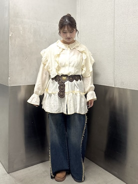 「w closet（ダブルクローゼット）のフリンジバギーデニムパンツ（デニムパンツ、ブルー系）」を使った、ryokawcloさん（レディース・165cm）の秋コーディネート