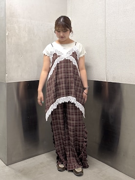「w closet（ダブルクローゼット）のイレヘムチェックミニキャミワンピース（ワンピース、レッド系）」を使った、ryokawcloさん（レディース・165cm）の夏コーディネート