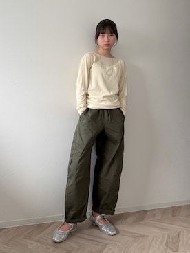 「LOWRYS FARM（ローリーズファーム）のワンストラップシューズ　 133335（バレエシューズ、シルバー系）」を使った、uranさん（キッズ・150cm）の春コーディネート