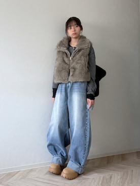 「tiptop（ティップトップ）の【ZOZO限定カラーあり】配色シアー×ヘンリーネックレイヤードロンT（Tシャツ/カットソー、グレー系）」を使った、uranさん（キッズ・150cm）の秋コーディネート