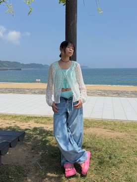 「GU（ジーユー）のアイテム（カーディガン/ボレロ、ホワイト系）」を使った、uranさん（キッズ・150cm）の夏コーディネート