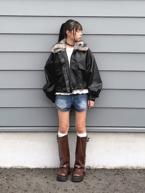 「tiptop(ティップトップ)のMIXファーティペット付き合皮ブルゾン(ブルゾン)」を使った、uranさん(キッズ・150cm)の秋コーディネート