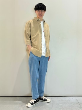 「BACK NUMBER（バックナンバー）のBACK NUMBER(バックナンバー)綿麻七分袖シャツ（シャツ/ブラウス、ベージュ系）」を使った、chiiiba0410さん（メンズ）の夏コーディネート