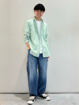 「BACK NUMBER（バックナンバー）のBACK NUMBER(バックナンバー)綿麻長袖シャツ（シャツ/ブラウス、グリーン系）」を使った、chiiiba0410さん（メンズ）の春コーディネート