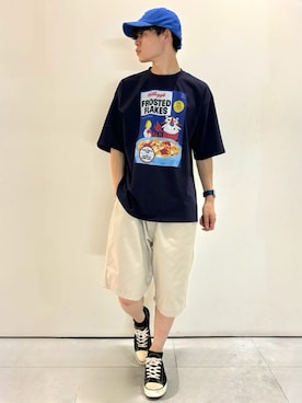 「Right-on（ライトオン）のOther(ソノタ)【メンズ】「Kellogg’s」プリントTシャツ（Tシャツ/カットソー、ブルー系）」を使った、chiiiba0410さん（メンズ）の夏コーディネート