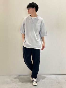 「BACK NUMBER（バックナンバー）のBACK NUMBER(バックナンバー)和紙ニットポロ襟プルオーバー（ニット/セーター、グレー系）」を使った、chiiiba0410さん（メンズ）の春コーディネート