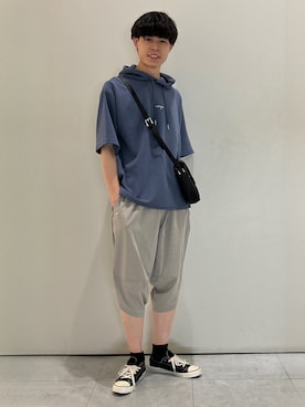 「BACK NUMBER（バックナンバー）のBACK NUMBER(バックナンバー)ＴＲＰＵ半袖パーカー（Tシャツ/カットソー、ブルー系）」を使った、chiiiba0410さん（メンズ）の夏コーディネート