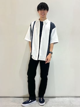 「BACK NUMBER（バックナンバー）のBACK NUMBER(バックナンバー)【メンズ】「吸水速乾」ドライポリ縦切替半袖シャツ（シャツ/ブラウス、ホワイト系）」を使った、chiiiba0410さん（メンズ）の夏コーディネート
