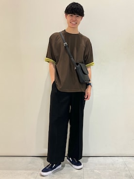「Right-on（ライトオン）のPLUS ONE(プラスワン)【メンズ】【接触冷感】ハイゲージダブルフェイス配色半袖Tシャツ（Tシャツ/カットソー、ブラウン系）」を使った、chiiiba0410さん（メンズ）の夏コーディネート