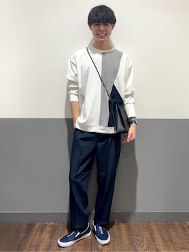 「BACK NUMBER（バックナンバー）のBACK NUMBER(バックナンバー)【メンズ】梨地切替ロングスリーブTシャツ（Tシャツ/カットソー、ホワイト系）」を使った、chiiiba0410さん（メンズ）の秋コーディネート