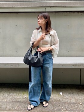 「russet（ラシット）のソフトレザーラウンドビッグショルダーバッグ(CE-1325)（ショルダーバッグ、ブラック系）」を使った、russetさんの夏コーディネート