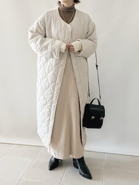 「Riberry（リベリー）のキルティングロングコート（ノーカラーコート）」を使った、陽さん（レディース・156cm）の秋コーディネート