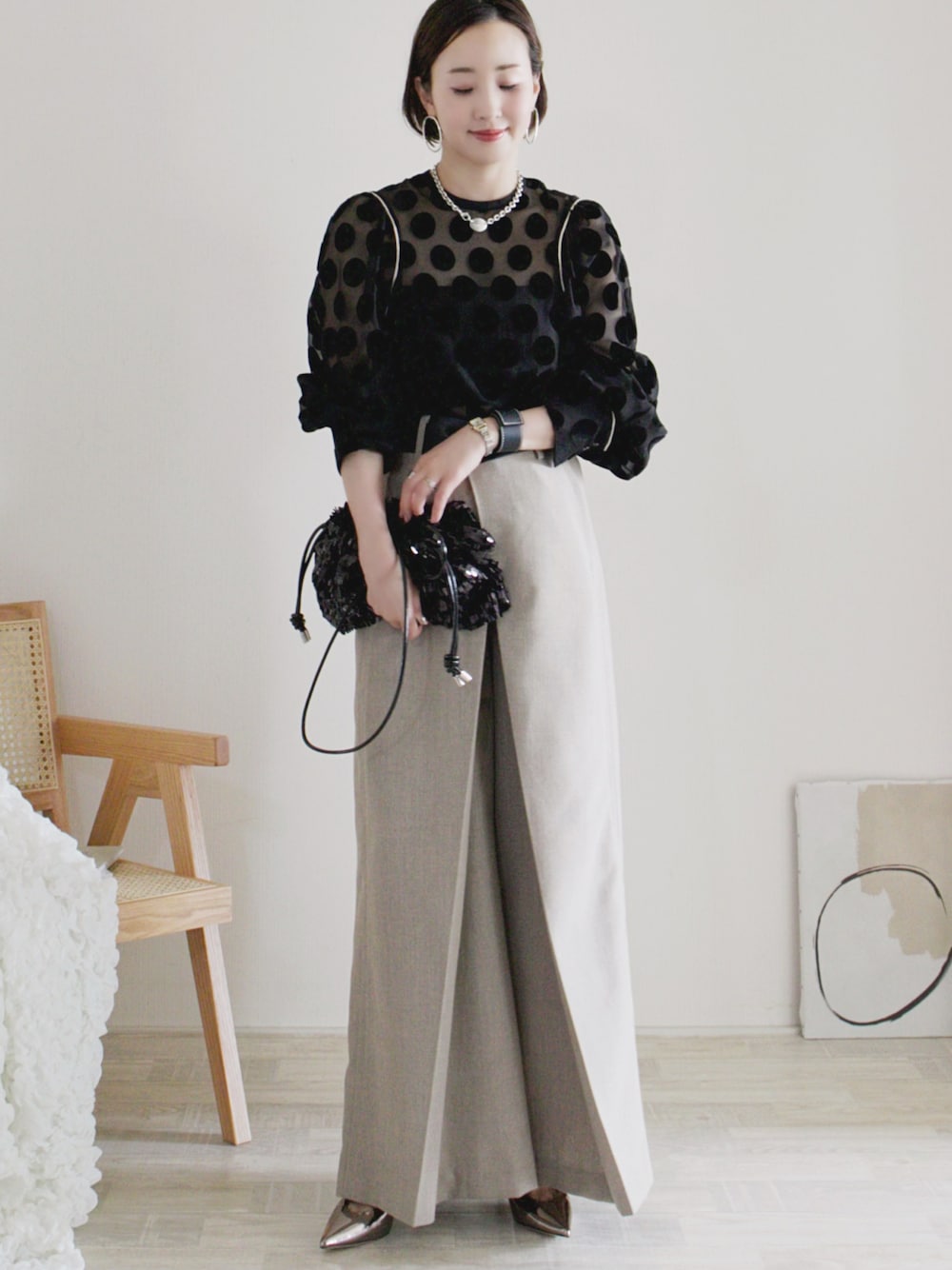 STUDIOUS/ステュディオス】フェイクリネンフレアトラウザーパンツを