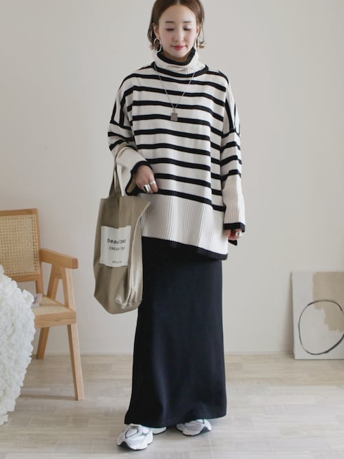 セール】タートルネック長袖ボーダーニットトップス（ニット/セーター