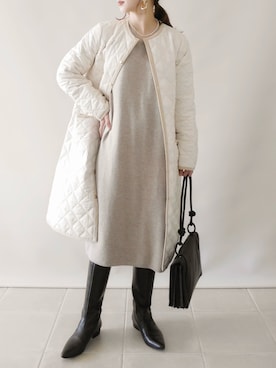 「MACKINTOSH PHILOSOPHY（ﾏｯｷﾝﾄｯｼｭ ﾌｨﾛｿﾌｨｰ）のアイテム（ノーカラーコート）」を使った、陽さん（レディース・156cm）の秋コーディネート