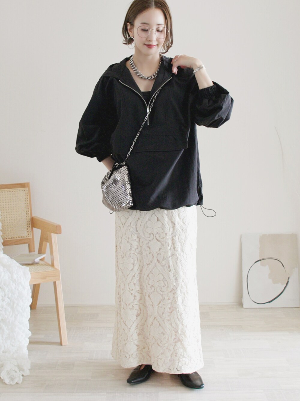 Ameri（アメリ）の「SYNTHETIC LEATHER EMBROIDERY SKIRT（スカート