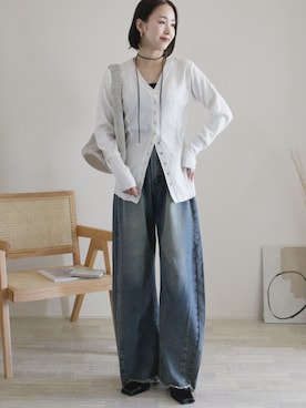 「SENSE OF PLACE by URBAN RESEARCH（センスオブプレイスバイアーバンリサーチ）のパッチワークVネックカーディガン（カーディガン/ボレロ）」を使った、陽さん（レディース・156cm）の秋コーディネート