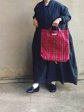 「タータンチェック」｜「アイテム（ステンカラーコート）」を使った、Sachiさん（レディース・152cm）の秋コーディネート