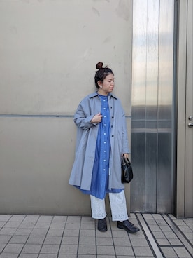 「シャツワンピ」｜「アイテム（ステンカラーコート）」を使った、masumoさん（レディース・155cm）の春コーディネート