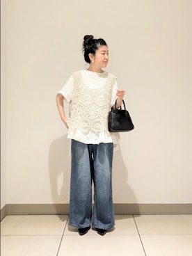 「PUAL CE CIN（ピュアルセシン）のかぎ針編み風ビスチェ（ベスト）」を使った、masumoさん（レディース・155cm）の夏コーディネート