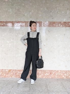 「ボーダーTシャツ」｜「アイテム（オールインワン・サロペット）」を使った、masumoさん（レディース・155cm）の秋コーディネート