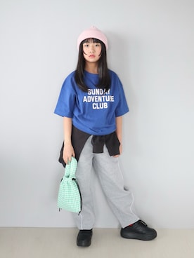 「CITEN（シテン）の＜CITEN＞パデッドギンガムキンチャク（ショルダーバッグ、グリーン系）」を使った、Neneneさん（キッズ・140cm）の春コーディネート