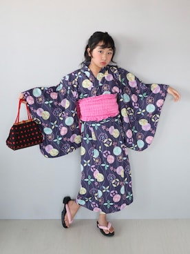 「pairmanon（ペアマノン）の【簡単着付け】ガールズ 2WAY セパレート浴衣（浴衣、ブルー系）」を使った、Neneneさん（キッズ・140cm）の春コーディネート