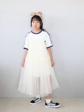 「adidas（アディダス）のテリー スリーストライプス 半袖Tシャツ / アディダスオリジナルス adidas Originals（Tシャツ/カットソー、ホワイト系）」を使った、Neneneさん（キッズ・142cm）の夏コーディネート