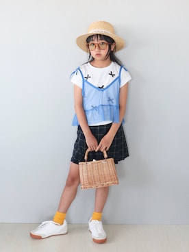 「p.premier（ピードットプルミエ）のイロチ買いしたいカラーリブソックス（ソックス/靴下）」を使った、Neneneさん（キッズ・132cm）の夏コーディネート