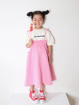 「ギンガムチェック」｜「アイテム（スカート、ピンク系）」を使った、Neneneさん（キッズ・110cm）の夏コーディネート