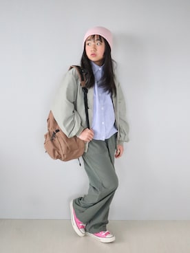 「ikka（イッカ）の【親子コーデ】ドロストロングテールシャツ（120~160cm）（シャツ/ブラウス、ブルー系）」を使った、Neneneさん（キッズ・140cm）の春コーディネート