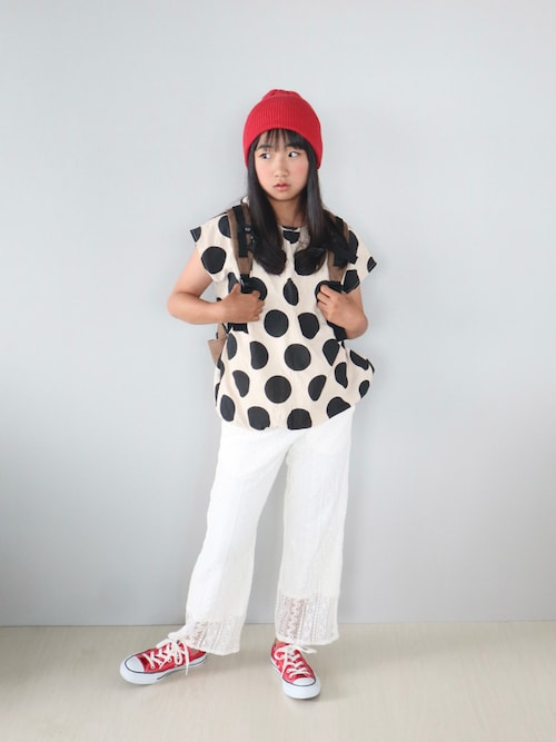 「wee9s（ウィークス）のbuddy beanie / オールシーズン使えるマルチウェイバディビーニー,ニット帽（ニットキャップ/ビーニー）」を使った、Neneneさん（キッズ・142cm）の夏コーディネート