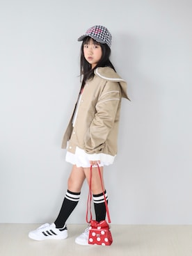 「LOWRYS FARM（ローリーズファーム）のセーラーカラージャケット　643075（その他アウター、ベージュ系）」を使った、Neneneさん（キッズ・140cm）の春コーディネート