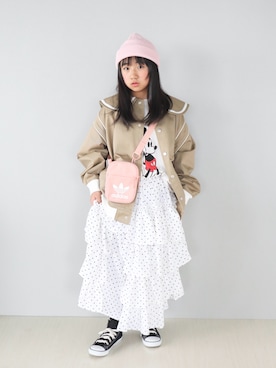 「wee9s（ウィークス）のbuddy beanie / オールシーズン使えるマルチウェイバディビーニー,ニット帽（ニットキャップ/ビーニー、ピンク系）」を使った、Neneneさん（キッズ・140cm）の春コーディネート