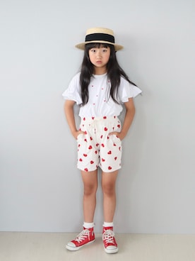 「Lycee mine（リセマイン）の【接触冷感】ハート刺しゅうフリルスリーブTシャツ（Tシャツ/カットソー）」を使った、Neneneさん（キッズ・131cm）の夏コーディネート
