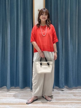 「BAYFLOW（ベイフロー）のレースインナー付きニットプルオーバー（ニット/セーター、レッド系）」を使った、akariさん（レディース・161cm）の夏コーディネート