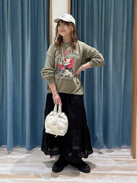 「BAYFLOW（ベイフロー）のヴィンテージライクアニマルロゴCAP（キャップ、ベージュ系）」を使った、akariさん（レディース・161cm）の秋コーディネート