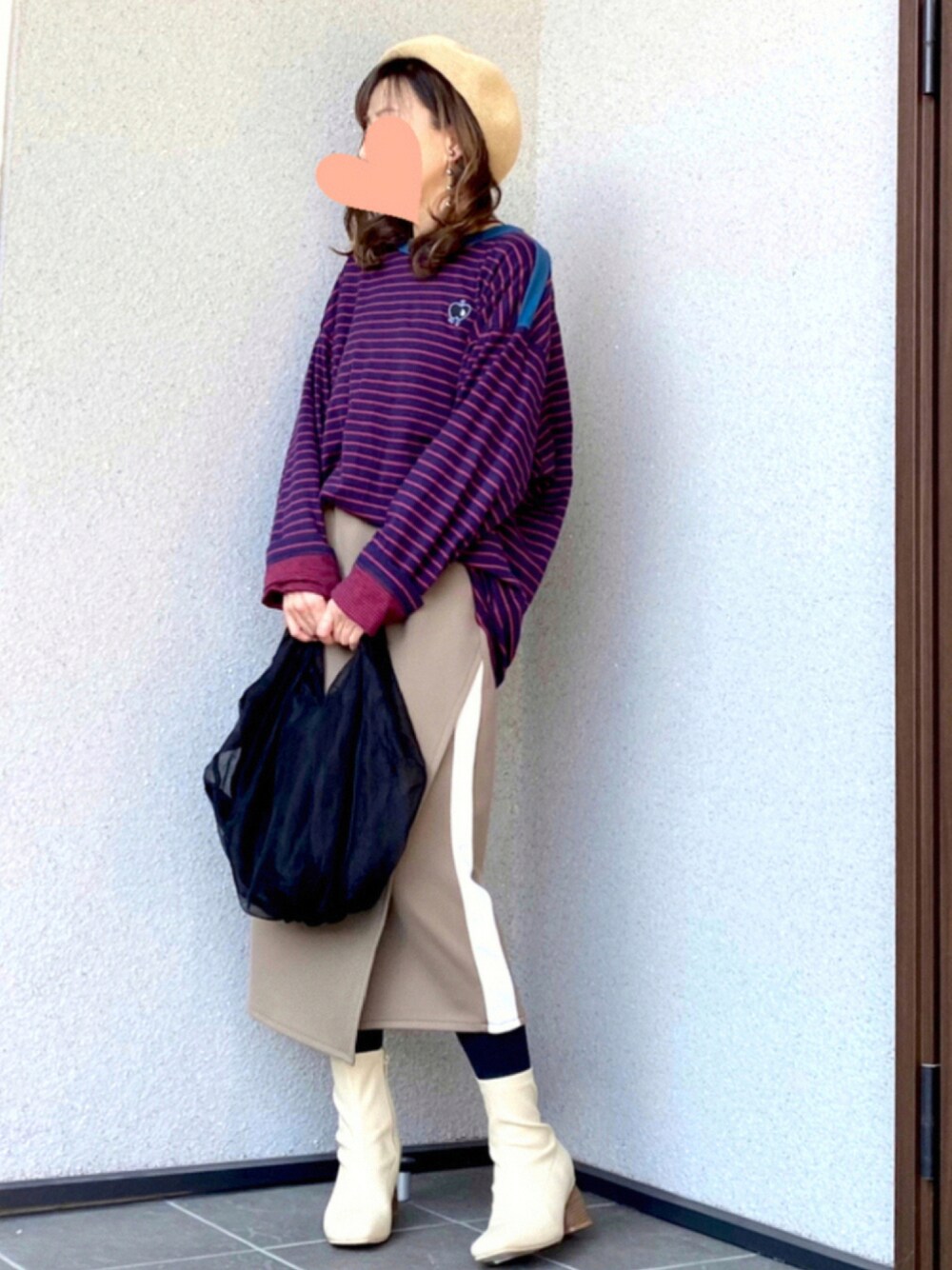 「ベレー帽、オーバーサイズ、秋色、大人カジュアル、休日コーデ、シャリーフ(SHAREEF)、感謝、だから秋服が好き」｜「SHAREEFのSHAREEF W FACE BORDER L/S PULL OVER(Navy)（Tシャツ/カットソー、その他）」を使った、haruさん（レディース・159cm）の秋コーディネートの1枚目の写真