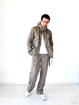 「スラックスパンツ」｜「アイテム（ミリタリージャケット）」を使った、nouvelle Ark  樋口蒼馬さん（メンズ・177cm）の秋コーディネート