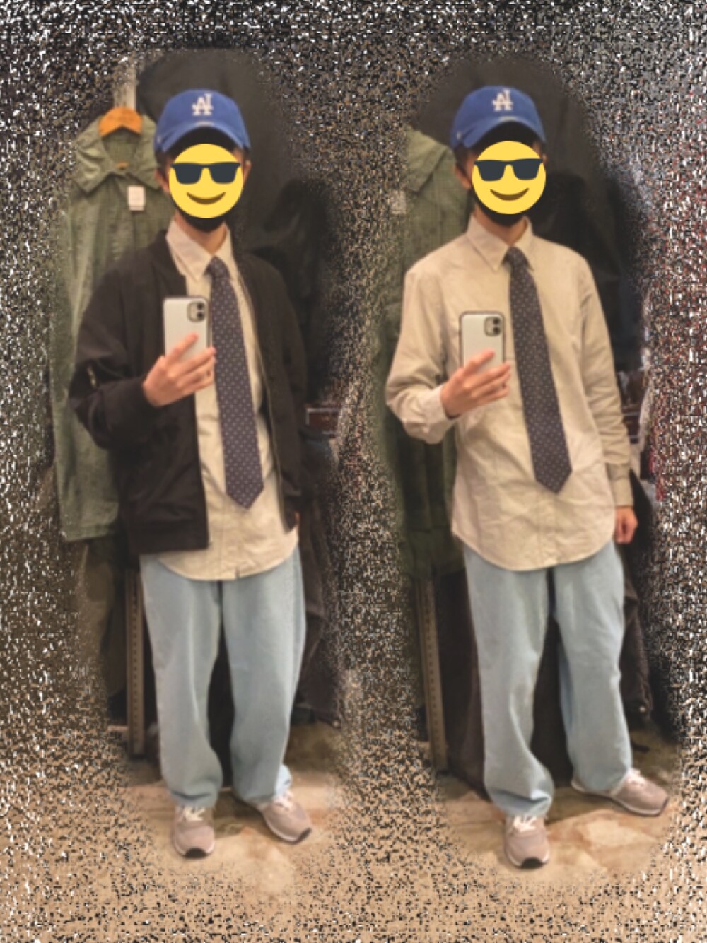 「秋コーデ、ライトブルー、デニムパンツ、今日のコーデ、スニーカー、ネクタイ、NEW ERA、キャップ、ラルフローレン、ワイドパンツ、MA-1、黒、ベージュ、おしゃれさんと繋がりたい、いいね、save、フォローお願いします🤑」｜「NEW BALANCEのNew Balance WL574 EN EW EB EG ニューバランス スニーカー（スニーカー、グレー系）」を使った、HARUTOさん（メンズ・165cm）の秋コーディネートの1枚目の写真