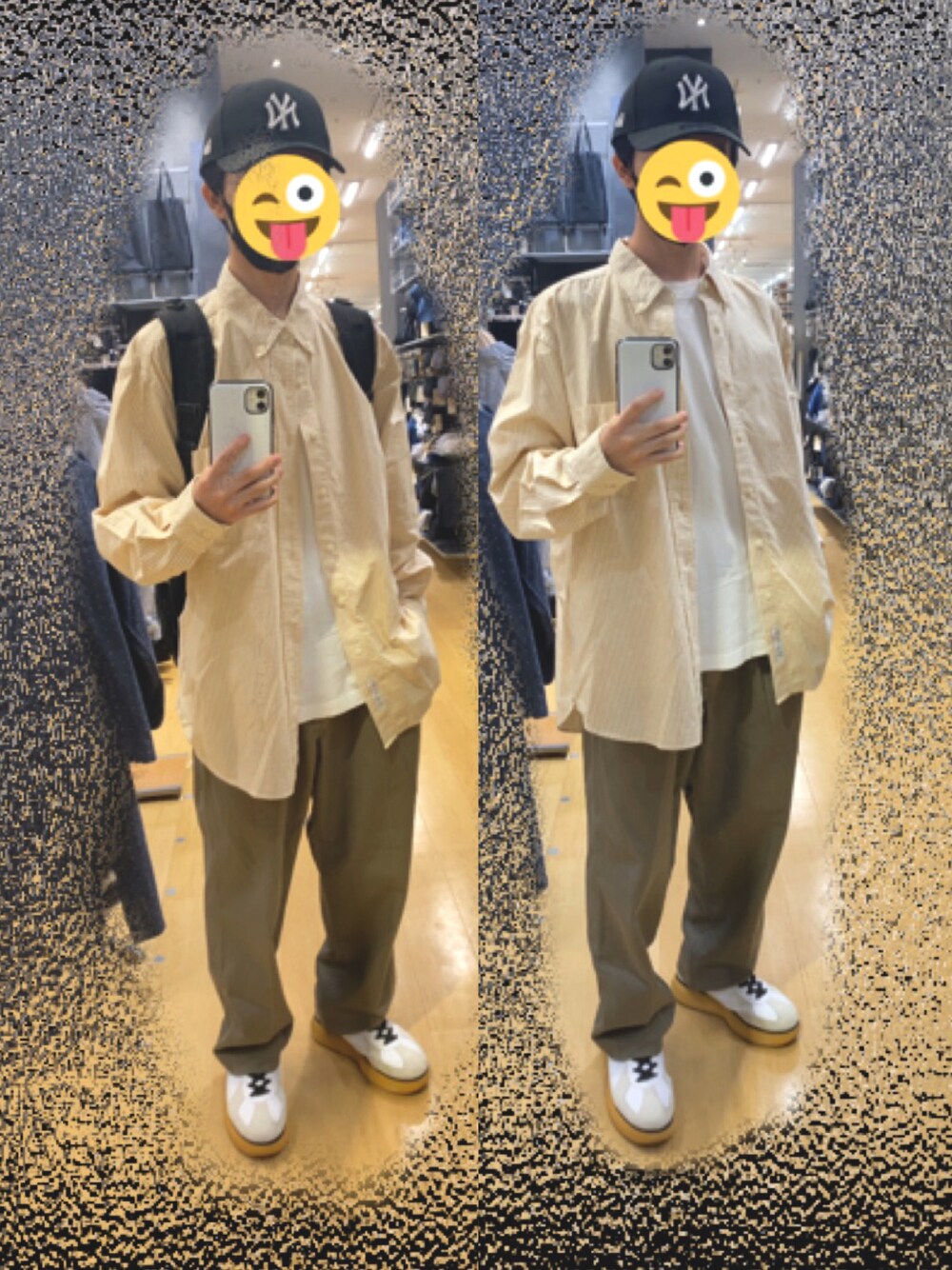 ホワイト系のスニーカー、ホワイト系のTシャツ/カットソー、ブラック系のキャップを着用したメンズの秋コーディネートの1枚目の写真